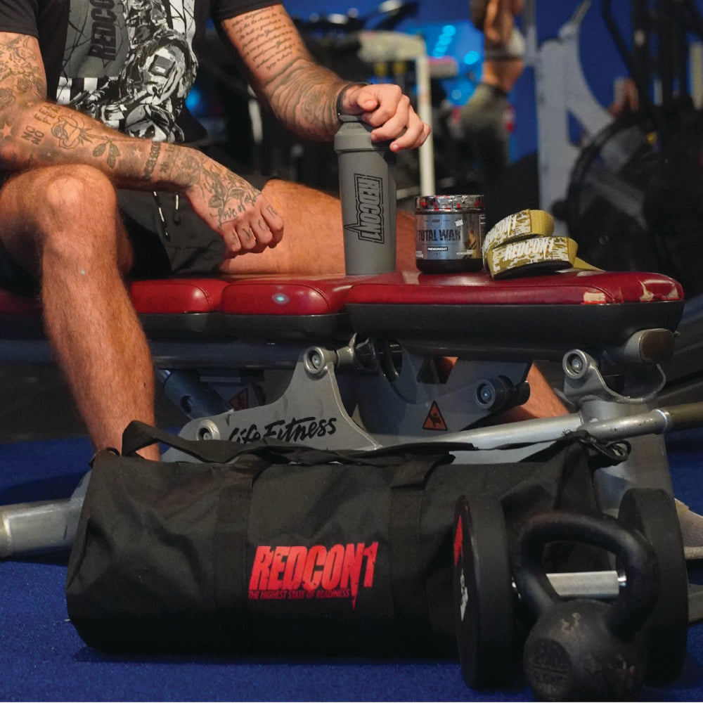 Essential Everyday Duffle Bag, Shaker, Total War Dark Ice, Lifting Straps, Patriotic Defender Shirt