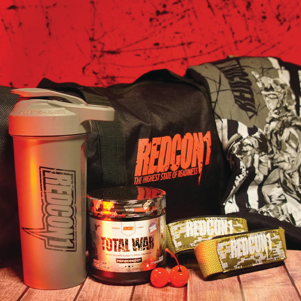 Essential Everyday Duffle Bag, Shaker, Total War Dark Ice, Lifting Straps, Patriotic Defender Shirt