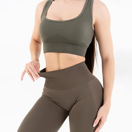 KHAKI GREEN SOLID SEAMLESS LEGGINGS