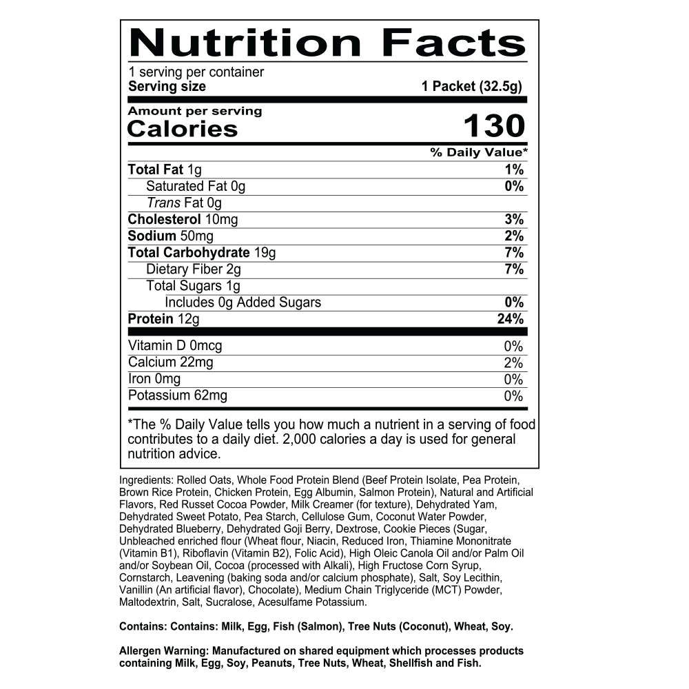 MRE -Oatmeal Chocolate Chip Sample Supp Fact