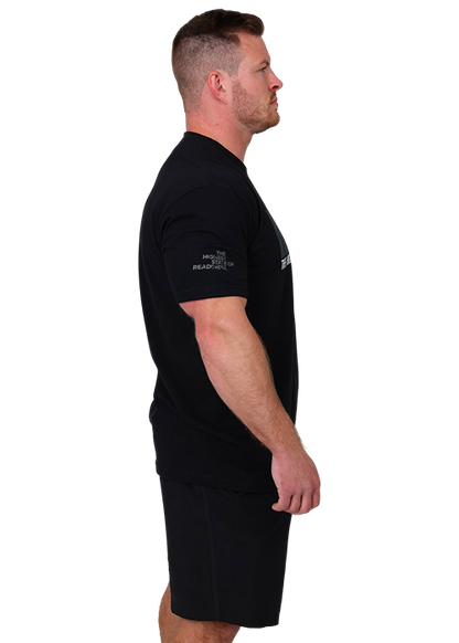 Premium Heather Black Out OG Shirt With Model Side View The Highest State Of Readiness on Sleeve