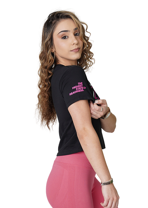 Premium Flowy Black & Pink Crop Model Side View With The Highest State of Readiness on Sleeve