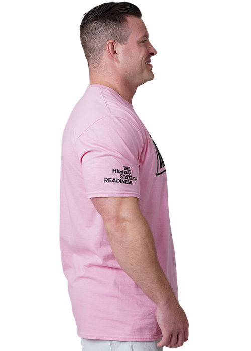 Black on Pink Future OG Shirt With Model Side View The Highest State Of Readiness on sleeve