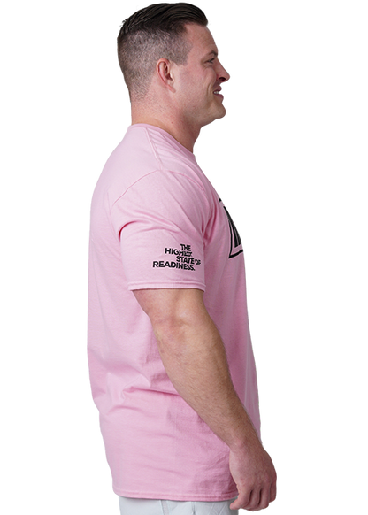 Black on Pink Future OG Shirt With Model Side View The Highest State Of Readiness on sleeve