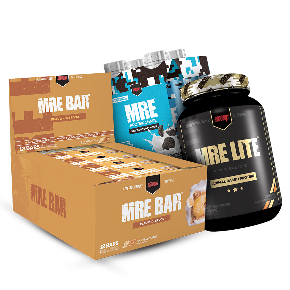 MRE Family Bundle MRE BAR Box (12 Bars), MRE LITE, MRE 4pack Protein Shakes